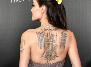 Angelina Jolie with her traditional Thai Sak Yant tattoo