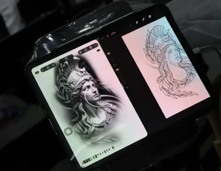 Reference, sketch, and final custom tattoo design process in Bangkok
